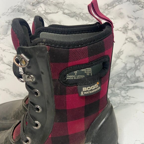 Bogs Youth 2 Sidney Winter Boot Mid Calf Red Buffalo Plaid Waterproof Snow Shoe - Picture 4 of 7